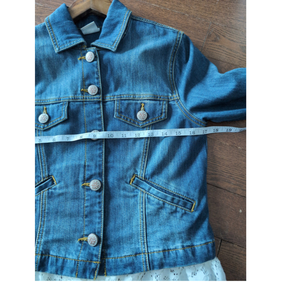 Cabi Dakota Blue Denim Jacket Women Sz S Removable lace Trim #5297 Office Career - Picture 6 of 12